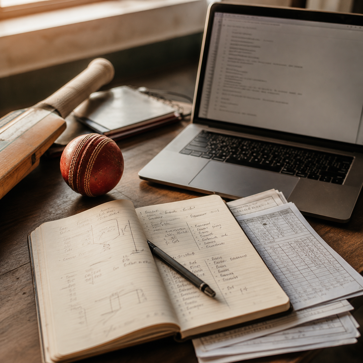 A grounded tabletop scene: cricket ball, bat, notebook, laptop, warm light. Scene-directed, object-led, no humans.